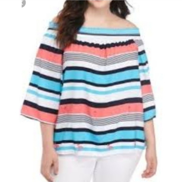 crown & ivy Curvy Off-Shoulder Striped Blouse - Blue, Pink, Black, Sz 3X New - Picture 1 of 14